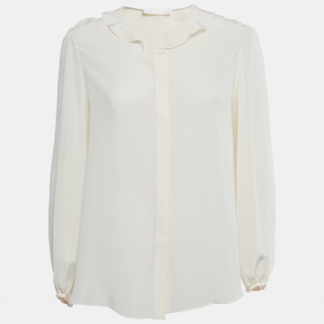 Pre Owned Chloe Cream Silk Ruffle Trim Button Down Blouse M