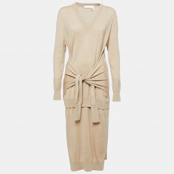 Pre Owned Chloe Tan Brown Wool Wrap Sweater Midi Dress S