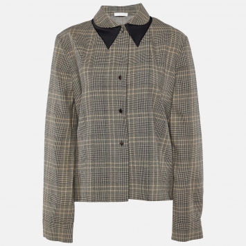 Pre Owned Chloe Beige/Black Checked Wool Double Collar Top L