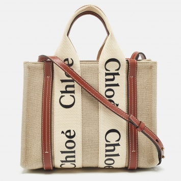 Pre Owned Chloe Beige/Brown Canvas and Leather Small Woody Tote
