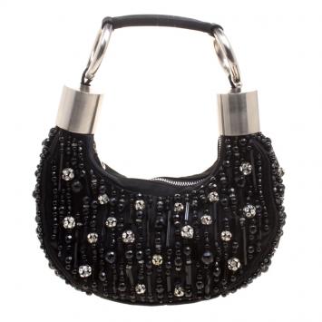 Pre Owned Chloe Black Satin Beads Embellished Hobo