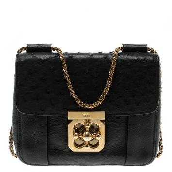 Pre Owned Chloe Black Leather and Ostrich Small Elsie Shoulder Bag