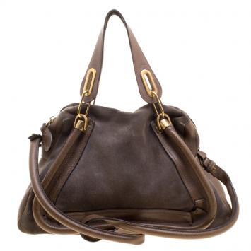Pre Owned Chloe Dark Beige Leather and Suede Medium Paraty Shoulder Bag