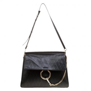 Pre Owned Chloe Black Diamond Embossed Leather Medium Faye Shoulder Bag