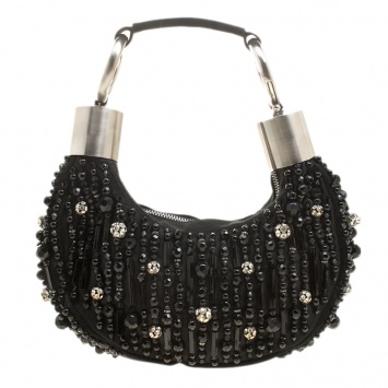 Pre Owned Chloe Black Satin Beads Embellished Hobo
