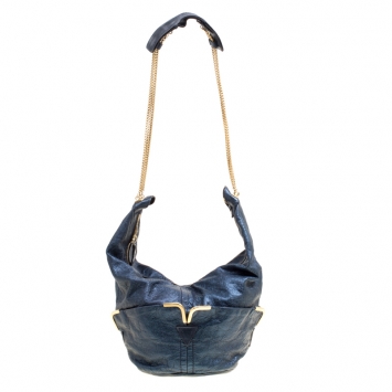 Pre Owned Chloe Metallic Blue Leather Milton Triple Chain Hobo