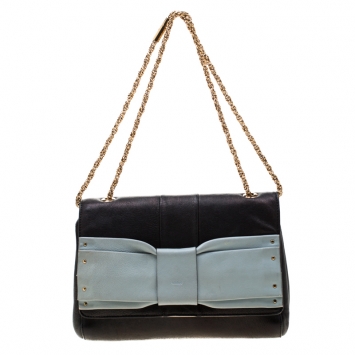 Pre Owned Chloe Black/Sky Blue Leather Small June Bow Shoulder Bag