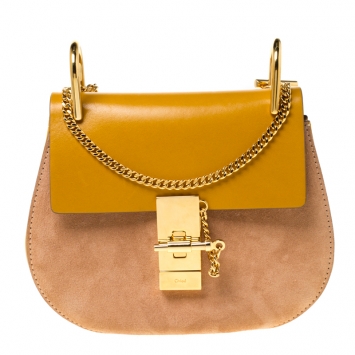 Pre Owned Chloe Mustard/Beige Leather and Suede Small Drew Shoulder Bag