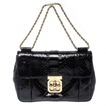 Pre Owned Chloe Black Python Leather Medium Elsie Shoulder Bag       