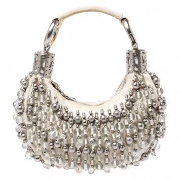 Pre Owned Chloe Off White Canvas Beaded Embellished Crescent Hobo