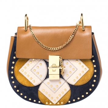 Pre Owned Chloe Caramel Leather Medium Drew Studded Patchwork Shoulder Bag