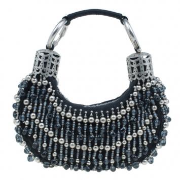 Pre Owned Chloe Black and Silver Beaded Fabric Crescent Hobo