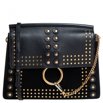 مملوكة مسبقًا Chloe Black Leather and Suede Studded Medium Faye Shoulder Bag