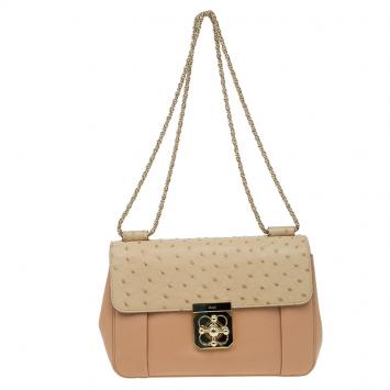 Pre Owned Chloe Beige Bi Color Ostrich and Leather Medium Elsie Shoulder Bag