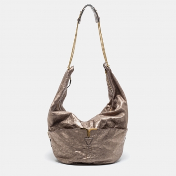 Pre Owned Chloe Metallic Grey Leather Milton Triple Chain Hobo Bag