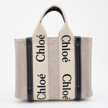 Pre Owned Chloe Beige/Black Canvas and Leather Small Woody Tote