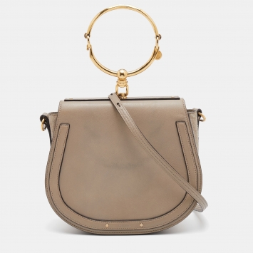 Pre Owned Chloe Khaki Grey Leather and Suede Medium Nile Bracelet Top Handle Bag