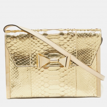 Pre Owned Chloe Gold Python Metal Bow Flap Shoulder Bag