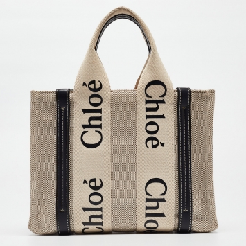Pre Owned Chloe Beige/Black Canvas and Leather Small Woody Tote
