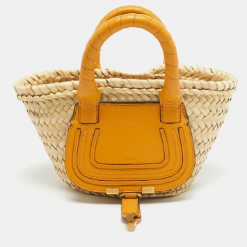 Pre Owned Chloe Yellow/Natural Raffia and Leather Mini Marcie Basket Bag