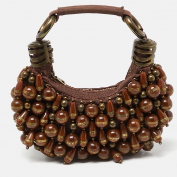 Pre Owned Chloe Brown Canvas Beads Embellished Hobo