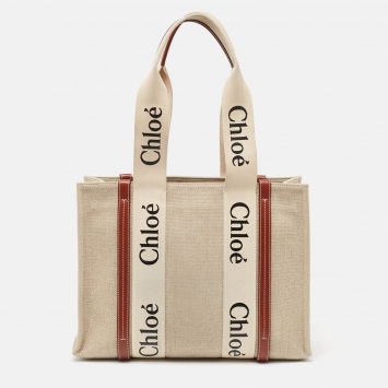 Pre Owned Chloe Beige/Brown Canvas and Leather Medium Woody Tote