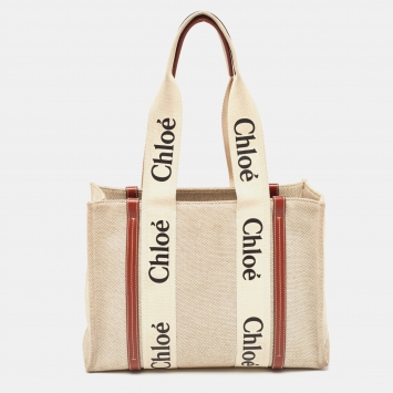 Pre Owned Chloe Beige/Brown Canvas and Leather Medium Woody Tote