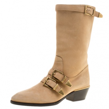 Pre Owned Chloe Beige Leather Susanna Buckle Detail Boots Size 37