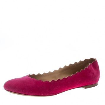 Pre Owned Chloe Pink Suede Lauren Scalloped Ballet Flats Size 39.5