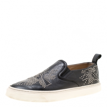 Pre Owned Chloe Black Leather Stud Embellished Susanna Slip On Sneakers Size 38