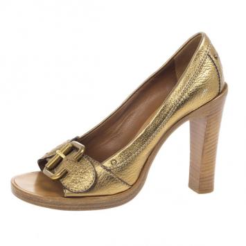 Pre Owned Chloe Gold Leather Buckle Open Toe Pumps Size 38
