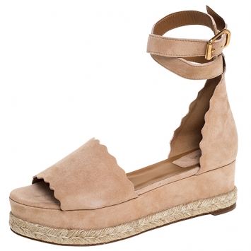 Pre Owned Chloe Beige Suede Scalloped Trim Lauren Ankle Wrap Flatform Espadrille Sandals Size 40