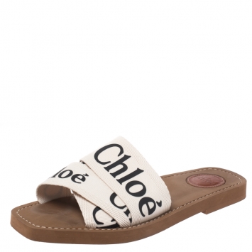 Pre Owned Chloe White Fabric Woody Logo Flat Slides Size 38