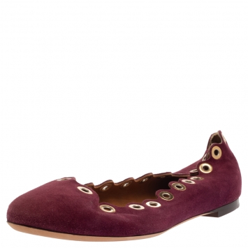 Pre Owned Chloe Purple Suede Grommet Scalloped Ballet Flats Size 39