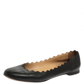 Pre Owned Chloé Black Leather Lauren Scalloped Ballet Flats Size 36