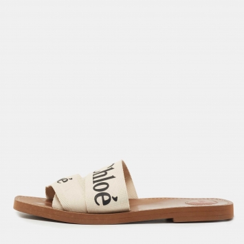 Pre Owned Chloe White Logo Print Canvas Woody Flat Slides Size 42