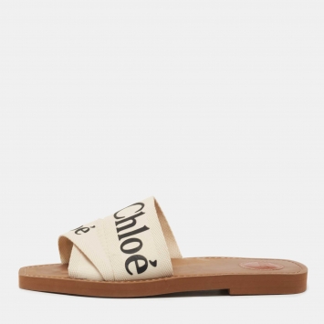 Pre Owned Chloe Off White Logo Print Canvas Woody Flat Slides Size 39