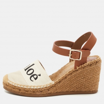 Pre Owned Chloe Brown/Cream Leather Wedge Sandals Size 38 