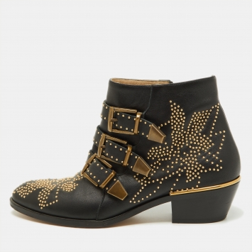 مملوكة مسبقًا Chloe Black Studded Leather Ankle Boots Size 37.5