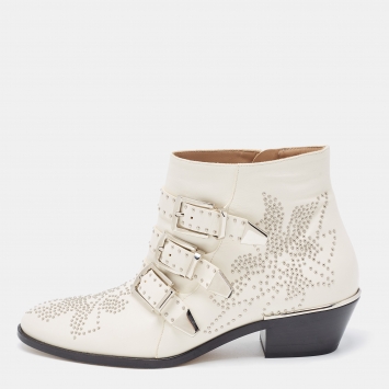 مملوكة مسبقًا Chloe White Studded Leather Susanna Ankle Boots Size 38.5