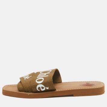 مملوكة مسبقًا Chloe Green Canvas Woody Flat Slides Size 39