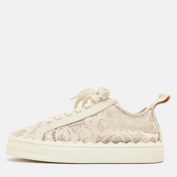 Pre Owned Chloe Light Beige Lace and Leather Lauren Sneakers Size 39