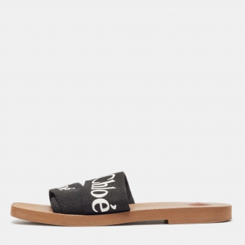 Pre Owned Chloe Black Logo Print Canvas Woody Flat Slides Size 41