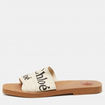 Pre Owned Chloe Cream Logo Print Canvas Woody Flat Slides Size 41