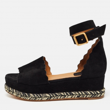 مملوكة مسبقًا Chloe Black Suede Lauren Espadrille Wedge Sandals Size 39