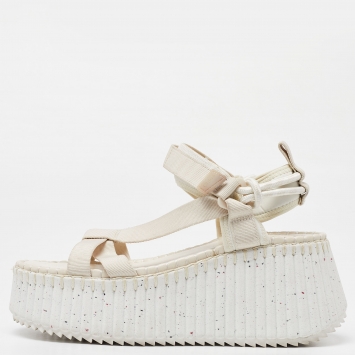 مملوكة مسبقًا Chloe White Nylon Nama Platform Velcro Ankle Strap Sandals Size 39