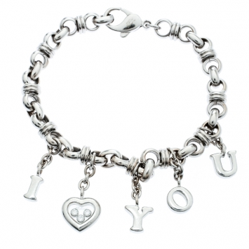 Pre Owned Chopard Happy Diamond I Love You Heart Charm 18k White Gold Link Bracelet