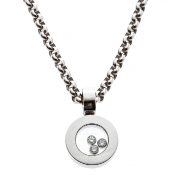 Pre Owned Chopard Happy Diamonds 18k White Gold Round Pendant Belcher Chain Necklace