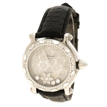 Pre Owned Chopard White Happy Sport Snowflakes 18K White Gold Steel Diamonds Women's Wristwatch 38 mm