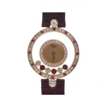 Pre Owned Chopard Champagne 18K Yellow Gold Ruby And Diamonds Happy Women's Wristwatch 23 MM